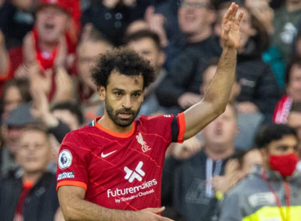 LIVERPOOL, ENGLAND - Sunday, October 3, 2021: Liverpool's Mohamed Salah celebrates after scoring the second goal during the FA Premier League match between Liverpool FC and Manchester City FC at Anfield. (Pic by David Rawcliffe/Propaganda)