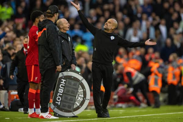 LIVERPOOL, ENGLAND - Sunday, October 3, 2021: Manchester City's manager Josep 'Pep' Guardiola reacts during the FA Premier League match between Liverpool FC and Manchester City FC at Anfield. (Pic by David Rawcliffe/Propaganda)