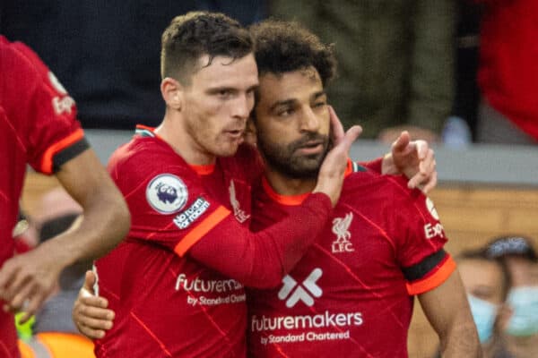 LIVERPOOL, ENGLAND - Sunday, October 3, 2021: Liverpool's Mohamed Salah (R) celebrates with team-mate Andy Robertson after scoring the second goal during the FA Premier League match between Liverpool FC and Manchester City FC at Anfield. (Pic by David Rawcliffe/Propaganda)