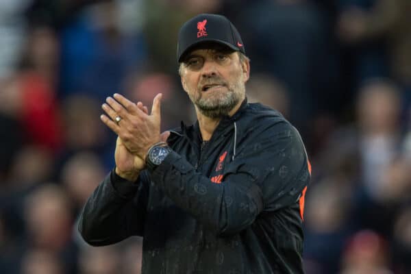 LIVERPOOL, ENGLAND - Sunday, October 3, 2021: Liverpool's manager Jürgen Klopp applauds the supporters after the FA Premier League match between Liverpool FC and Manchester City FC at Anfield. (Pic by David Rawcliffe/Propaganda)