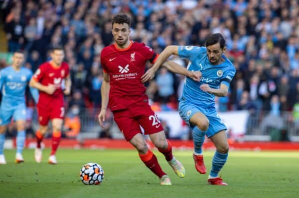 LIVERPOOL, ENGLAND - Sunday, October 3, 2021: Liverpool's Diogo Jota (L) and Manchester City's Bernardo Silva during the FA Premier League match between Liverpool FC and Manchester City FC at Anfield. (Pic by David Rawcliffe/Propaganda)