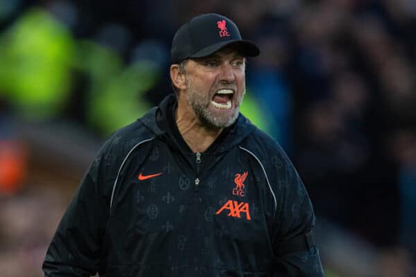 LIVERPOOL, ENGLAND - Sunday, October 3, 2021: Liverpool's manager Jürgen Klopp reacts during the FA Premier League match between Liverpool FC and Manchester City FC at Anfield. (Pic by David Rawcliffe/Propaganda)