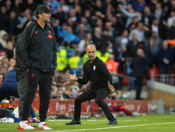 LIVERPOOL, ENGLAND - Sunday, October 3, 2021: Manchester City's manager Josep 'Pep' Guardiola during the FA Premier League match between Liverpool FC and Manchester City FC at Anfield. (Pic by David Rawcliffe/Propaganda)