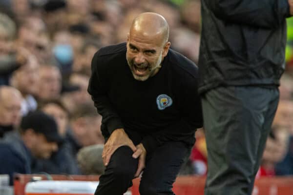 LIVERPOOL, ENGLAND - Sunday, October 3, 2021: Manchester City's manager Josep 'Pep' Guardiola during the FA Premier League match between Liverpool FC and Manchester City FC at Anfield. (Pic by David Rawcliffe/Propaganda)