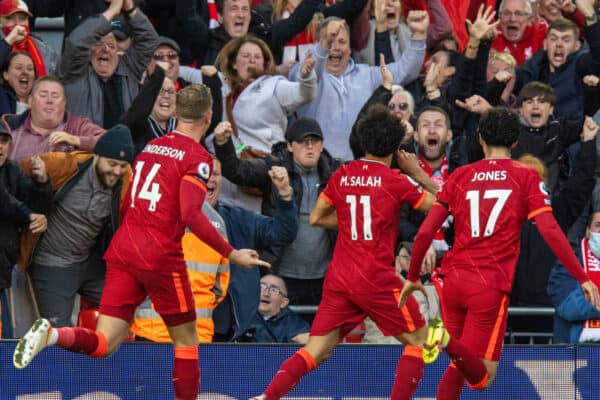 LIVERPOOL, ENGLAND - Sunday, October 3, 2021: Liverpool's Mohamed Salah celebrates after scoring the second goal during the FA Premier League match between Liverpool FC and Manchester City FC at Anfield. (Pic by David Rawcliffe/Propaganda)