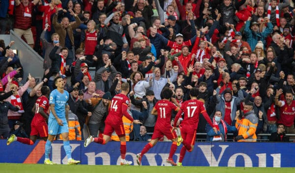 LIVERPOOL, ENGLAND - Sunday, October 3, 2021: Liverpool's Mohamed Salah celebrates after scoring the second goal during the FA Premier League match between Liverpool FC and Manchester City FC at Anfield. (Pic by David Rawcliffe/Propaganda)