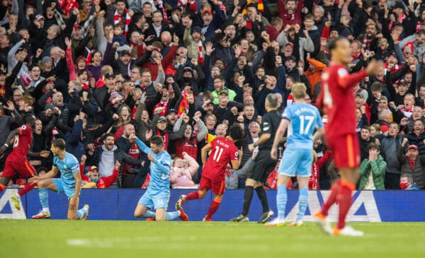 LIVERPOOL, ENGLAND - Sunday, October 3, 2021: Liverpool's Mohamed Salah celebrates after scoring the second goal during the FA Premier League match between Liverpool FC and Manchester City FC at Anfield. (Pic by David Rawcliffe/Propaganda)