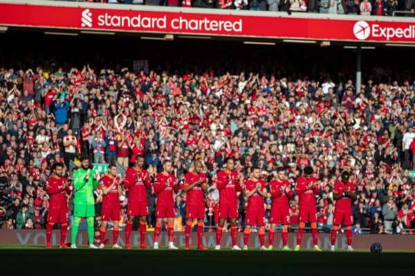 LIVERPOOL, ENGLAND - Sunday, October 3, 2021: Liverpool players and supporters stand for a minute's applause to remember former player Roger Hunt before the FA Premier League match between Liverpool FC and Manchester City FC at Anfield. (Pic by David Rawcliffe/Propaganda)