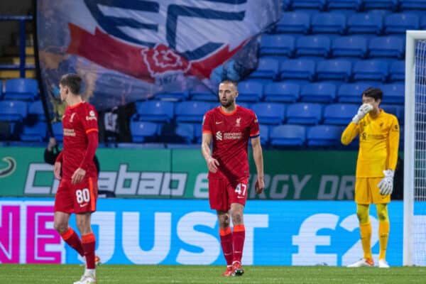 BOLTON, ENGLAND - Tuesday, October 5, 2021: Liverpool's Nathaniel Phillips (C) looks dejected as Bolton Wanderers score a second goal during the English Football League Trophy match between Bolton Wanderers FC and Liverpool FC Under-21's at the Reebok Stadium. (Pic by David Rawcliffe/Propaganda)