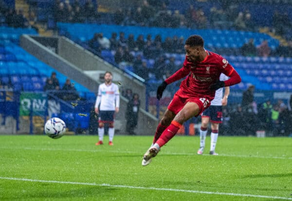 BOLTON, ENGLAND - Tuesday, October 5, 2021: Liverpool's Elijah Dixon-Bonner sees his shot saved during the English Football League Trophy match between Bolton Wanderers FC and Liverpool FC Under-21's at the Reebok Stadium. (Pic by David Rawcliffe/Propaganda)