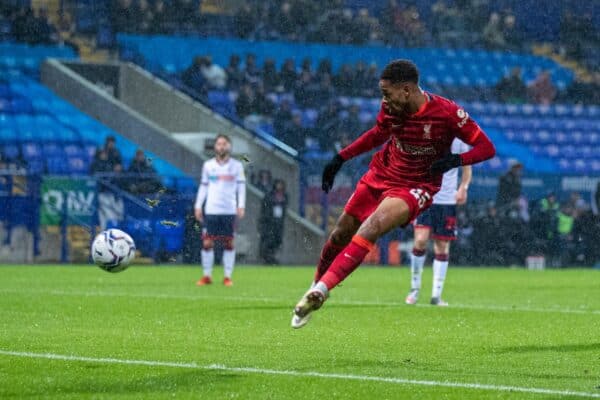 BOLTON, ENGLAND - Tuesday, October 5, 2021: Liverpool's Elijah Dixon-Bonner sees his shot saved during the English Football League Trophy match between Bolton Wanderers FC and Liverpool FC Under-21's at the Reebok Stadium. (Pic by David Rawcliffe/Propaganda)