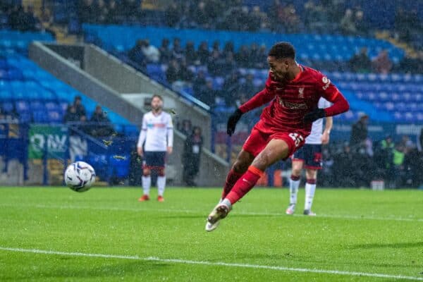 BOLTON, ENGLAND - Tuesday, October 5, 2021: Liverpool's Elijah Dixon-Bonner sees his shot saved during the English Football League Trophy match between Bolton Wanderers FC and Liverpool FC Under-21's at the Reebok Stadium. (Pic by David Rawcliffe/Propaganda)