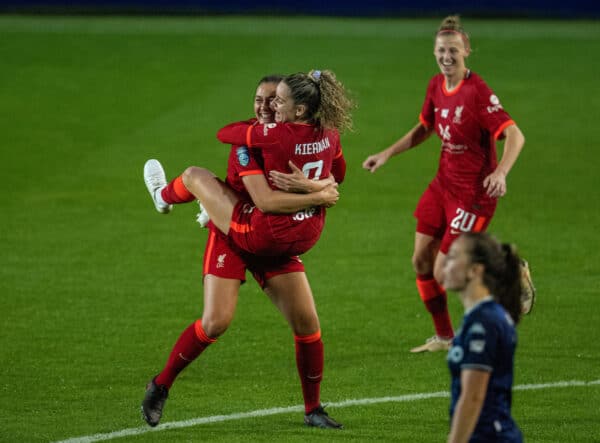 BIRKENHEAD, ENGLAND - Wednesday, October 13, 2021: Liverpool's Leanne Kiernan (R) celebrates with team-mate captain Jasmine Matthews after scoring the equalising goal to make the score 1-1 during the FA Women's League Cup match between Liverpool FC Women and Aston Villa FC Women at Prenton Park. (Pic by David Rawcliffe/Propaganda)