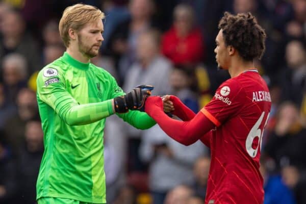WATFORDF, ENGLAND - Saturday, October 16, 2021: Liverpool's goalkeeper Caoimhin Kelleher (L) and Trent Alexander-Arnold before the FA Premier League match between Watford FC and Liverpool FC at Vicarage Road. (Pic by David Rawcliffe/Propaganda)