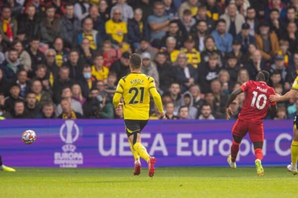 WATFORDF, ENGLAND - Saturday, October 16, 2021: Liverpool's Sadio Mané scores the first goal during the FA Premier League match between Watford FC and Liverpool FC at Vicarage Road. (Pic by David Rawcliffe/Propaganda)