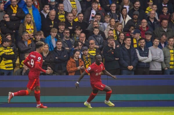 WATFORDF, ENGLAND - Saturday, October 16, 2021: Liverpool's Sadio Mané celebrates after scoring the first goal during the FA Premier League match between Watford FC and Liverpool FC at Vicarage Road. (Pic by David Rawcliffe/Propaganda)