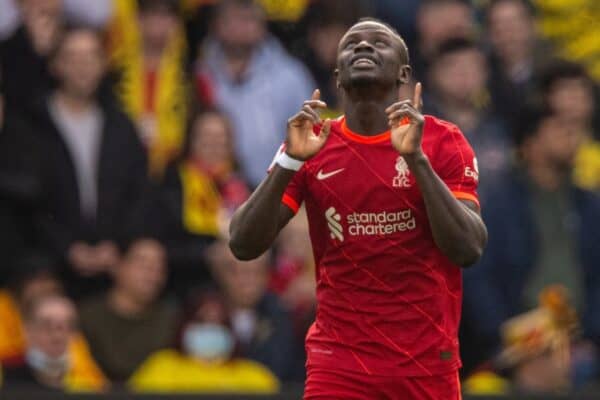 WATFORDF, ENGLAND - Saturday, October 16, 2021: Liverpool's Sadio Mané celebrates after scoring the first goal during the FA Premier League match between Watford FC and Liverpool FC at Vicarage Road. (Pic by David Rawcliffe/Propaganda)