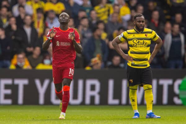 WATFORDF, ENGLAND - Saturday, October 16, 2021: Liverpool's Sadio Mané celebrates after scoring the first goal during the FA Premier League match between Watford FC and Liverpool FC at Vicarage Road. (Pic by David Rawcliffe/Propaganda)