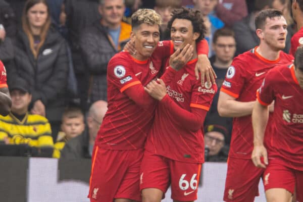 WATFORDF, ENGLAND - Saturday, October 16, 2021: Liverpool's Roberto Firmino (L) celebrates with team-mate Trent Alexander-Arnold after scoring the second goal during the FA Premier League match between Watford FC and Liverpool FC at Vicarage Road. (Pic by David Rawcliffe/Propaganda)