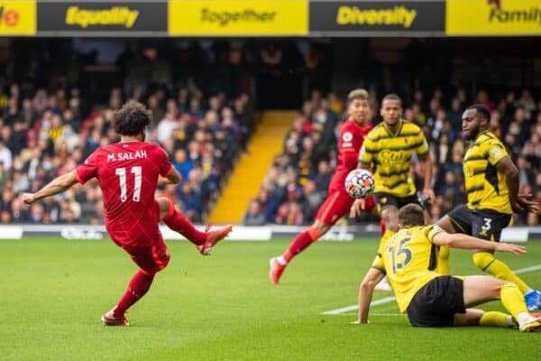 WATFORDF, ENGLAND - Saturday, October 16, 2021: Liverpool's Mohamed Salah scores the fourth goal, the eighth consecutive game he's scored in, during the FA Premier League match between Watford FC and Liverpool FC at Vicarage Road. (Pic by David Rawcliffe/Propaganda)