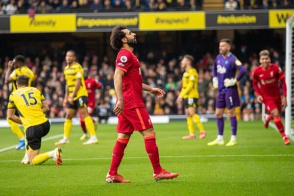 WATFORD, ENGLAND - Saturday, October 16, 2021: Liverpool's Mohamed Salah celebrates after scoring the fourth goal, the eighth consecutive game he's scored in, during the FA Premier League match between Watford FC and Liverpool FC at Vicarage Road. (Pic by David Rawcliffe/Propaganda)