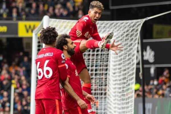 WATFORDF, ENGLAND - Saturday, October 16, 2021: Liverpool's Mohamed Salah celebrates after scoring the fourth goal, the eighth consecutive game he's scored in, during the FA Premier League match between Watford FC and Liverpool FC at Vicarage Road. (Pic by David Rawcliffe/Propaganda)