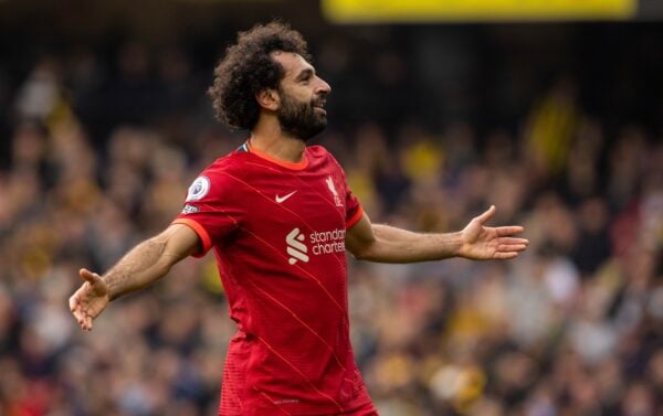 WATFORDF, ENGLAND - Saturday, October 16, 2021: Liverpool's Mohamed Salah celebrates after scoring the fourth goal, the eighth consecutive game he's scored in, during the FA Premier League match between Watford FC and Liverpool FC at Vicarage Road. (Pic by David Rawcliffe/Propaganda)