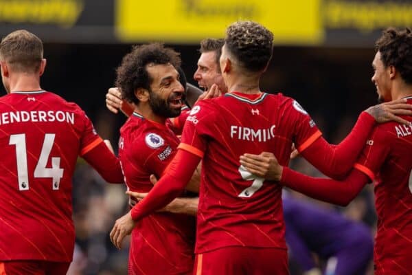 WATFORDF, ENGLAND - Saturday, October 16, 2021: Liverpool's Mohamed Salah celebrates after scoring the fourth goal, the eighth consecutive game he's scored in, during the FA Premier League match between Watford FC and Liverpool FC at Vicarage Road. (Pic by David Rawcliffe/Propaganda)