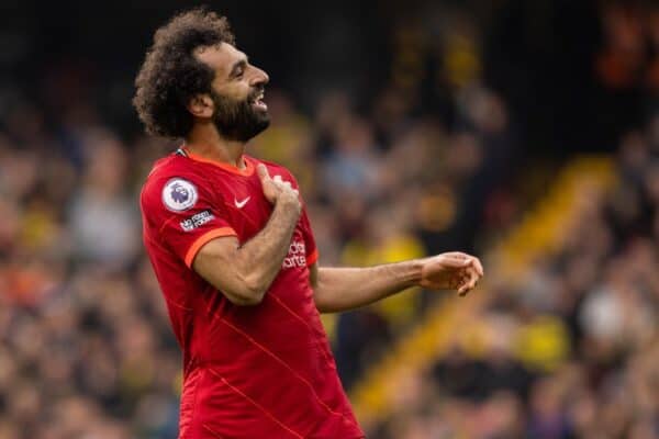 WATFORDF, ENGLAND - Saturday, October 16, 2021: Liverpool's Mohamed Salah celebrates after scoring the fourth goal, the eighth consecutive game he's scored in, during the FA Premier League match between Watford FC and Liverpool FC at Vicarage Road. (Pic by David Rawcliffe/Propaganda)