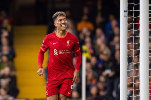 WATFORDF, ENGLAND - Saturday, October 16, 2021: Liverpool's Roberto Firmino celebrates after scoring the third goal, his second of the game, during the FA Premier League match between Watford FC and Liverpool FC at Vicarage Road. (Pic by David Rawcliffe/Propaganda)