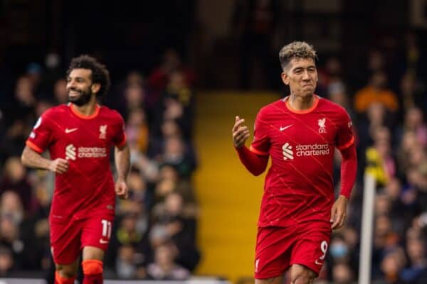 WATFORDF, ENGLAND - Saturday, October 16, 2021: Liverpool's Roberto Firmino celebrates after scoring the third goal, his second of the game, during the FA Premier League match between Watford FC and Liverpool FC at Vicarage Road. (Pic by David Rawcliffe/Propaganda)