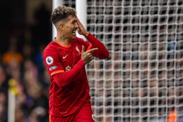 WATFORDF, ENGLAND - Saturday, October 16, 2021: Liverpool's Roberto Firmino celebrates after scoring the third goal, his second of the game, during the FA Premier League match between Watford FC and Liverpool FC at Vicarage Road. (Pic by David Rawcliffe/Propaganda)