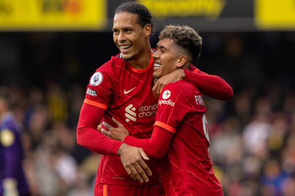 WATFORDF, ENGLAND - Saturday, October 16, 2021: Liverpool's Roberto Firmino (R) celebrates with team-mate Virgil van Dijk after scoring the third goal, his second of the game, during the FA Premier League match between Watford FC and Liverpool FC at Vicarage Road. (Pic by David Rawcliffe/Propaganda)