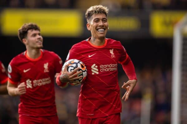 WATFORDF, ENGLAND - Saturday, October 16, 2021: Liverpool's Roberto Firmino celebrates after scoring the fifth goal, his third completing his hat-trick, during the FA Premier League match between Watford FC and Liverpool FC at Vicarage Road. (Pic by David Rawcliffe/Propaganda)