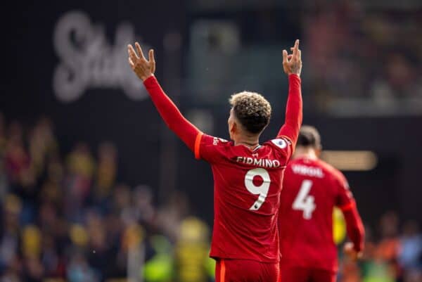 WATFORDF, ENGLAND - Saturday, October 16, 2021: Liverpool's Roberto Firmino celebrates after scoring the fifth goal, his third completing his hat-trick, during the FA Premier League match between Watford FC and Liverpool FC at Vicarage Road. (Pic by David Rawcliffe/Propaganda)