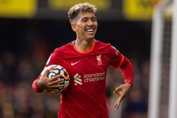 WATFORDF, ENGLAND - Saturday, October 16, 2021: Liverpool's Roberto Firmino celebrates after scoring the fifth goal, his third completing his hat-trick, during the FA Premier League match between Watford FC and Liverpool FC at Vicarage Road. (Pic by David Rawcliffe/Propaganda)