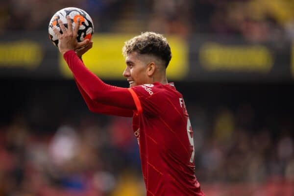 WATFORDF, ENGLAND - Saturday, October 16, 2021: Liverpool's Roberto Firmino celebrates after scoring the fifth goal, his third completing his hat-trick, during the FA Premier League match between Watford FC and Liverpool FC at Vicarage Road. (Pic by David Rawcliffe/Propaganda)