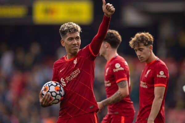 WATFORDF, ENGLAND - Saturday, October 16, 2021: Liverpool's Roberto Firmino celebrates with the match-ball at the end of the game, his last kick of the game was a the fifth goal, his third completing his hat-trick, during the FA Premier League match between Watford FC and Liverpool FC at Vicarage Road. (Pic by David Rawcliffe/Propaganda)