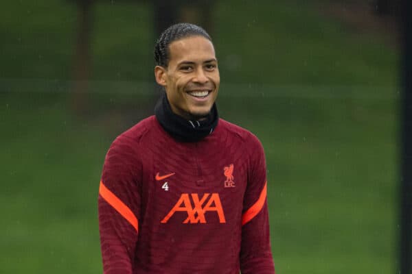 LIVERPOOL, ENGLAND - Monday, October 18, 2021: Liverpool's Virgil van Dijk during a training session at the AXA Training Centre ahead of the UEFA Champions League Group B Matchday 3 game between Club Atlético de Madrid and Liverpool FC. (Pic by David Rawcliffe/Propaganda)