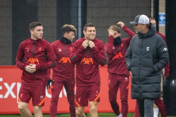 LIVERPOOL, ENGLAND - Monday, October 18, 2021: Liverpool's manager Jürgen Klopp (R) chats with Andy Robertson (L) and James Milner (C) during a training session at the AXA Training Centre ahead of the UEFA Champions League Group B Matchday 3 game between Club Atlético de Madrid and Liverpool FC. (Pic by David Rawcliffe/Propaganda)