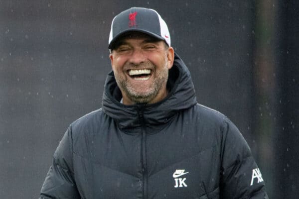 LIVERPOOL, ENGLAND - Monday, October 18, 2021: Liverpool's manager Jürgen Klopp laughs during a training session at the AXA Training Centre ahead of the UEFA Champions League Group B Matchday 3 game between Club Atlético de Madrid and Liverpool FC. (Pic by David Rawcliffe/Propaganda)