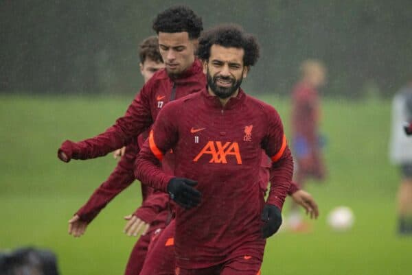 LIVERPOOL, ENGLAND - Monday, October 18, 2021: Liverpool's Mohamed Salah during a training session at the AXA Training Centre ahead of the UEFA Champions League Group B Matchday 3 game between Club Atlético de Madrid and Liverpool FC. (Pic by David Rawcliffe/Propaganda)