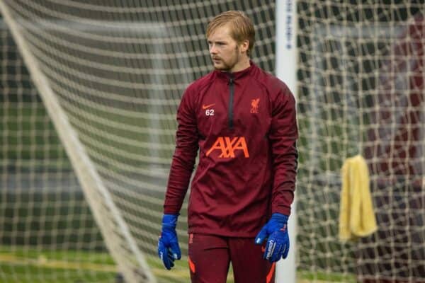 LIVERPOOL, ENGLAND - Monday, October 18, 2021: Liverpool's goalkeeper Caoimhin Kelleher during a training session at the AXA Training Centre ahead of the UEFA Champions League Group B Matchday 3 game between Club Atlético de Madrid and Liverpool FC. (Pic by David Rawcliffe/Propaganda)