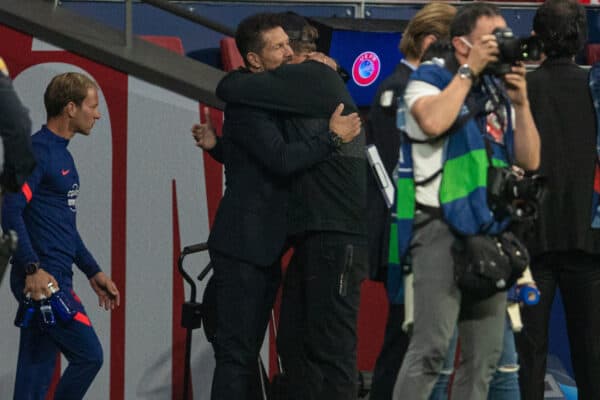 MADRID, SPAIN - Tuesday, October 19, 2021: Club Atlético de Madrid's head coach Diego Simeone (L) embraces Liverpool's manager Jürgen Klopp during the UEFA Champions League Group B Matchday 3 game between Club Atlético de Madrid and Liverpool FC at the Estadio Metropolitano. (Pic by David Rawcliffe/Propaganda)