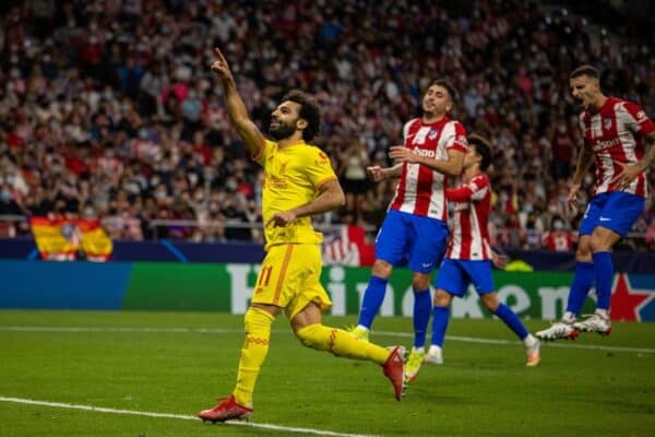 MADRID, SPAIN - Tuesday, October 19, 2021: Liverpool's Mohamed Salah celebrates after scoring the third goal, from a penalty-kick, to makes the score 2-3 during the UEFA Champions League Group B Matchday 3 game between Club Atlético de Madrid and Liverpool FC at the Estadio Metropolitano. (Pic by David Rawcliffe/Propaganda)