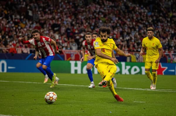 MADRID, SPAIN - Tuesday, October 19, 2021: Liverpool's Mohamed Salah scores the third goal, from a penalty-kick, to makes the score 2-3 during the UEFA Champions League Group B Matchday 3 game between Club Atlético de Madrid and Liverpool FC at the Estadio Metropolitano. (Pic by David Rawcliffe/Propaganda)