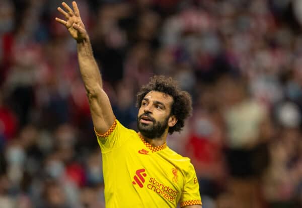 MADRID, SPAIN - Tuesday, October 19, 2021: Liverpool's Mohamed Salah celebrates after scoring the third goal, from a penalty-kick, to makes the score 2-3 during the UEFA Champions League Group B Matchday 3 game between Club Atlético de Madrid and Liverpool FC at the Estadio Metropolitano. (Pic by David Rawcliffe/Propaganda)