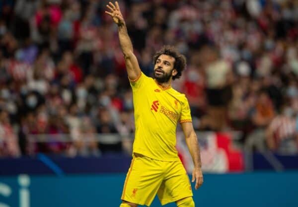 MADRID, SPAIN - Tuesday, October 19, 2021: Liverpool's Mohamed Salah celebrates after scoring the third goal, from a penalty-kick, to makes the score 2-3 during the UEFA Champions League Group B Matchday 3 game between Club Atlético de Madrid and Liverpool FC at the Estadio Metropolitano. (Pic by David Rawcliffe/Propaganda)