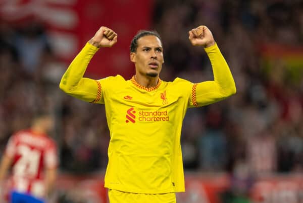 MADRID, SPAIN - Tuesday, October 19, 2021: Liverpool's Virgil van Dijk celebrates after his side's 3-2 victory during the UEFA Champions League Group B Matchday 3 game between Club Atlético de Madrid and Liverpool FC at the Estadio Metropolitano. (Pic by David Rawcliffe/Propaganda)