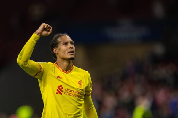 MADRID, SPAIN - Tuesday, October 19, 2021: Liverpool's Virgil van Dijk celebrates after the UEFA Champions League Group B Matchday 3 game between Club Atlético de Madrid and Liverpool FC at the Estadio Metropolitano. Liverpool won 3-2. (Pic by David Rawcliffe/Propaganda)